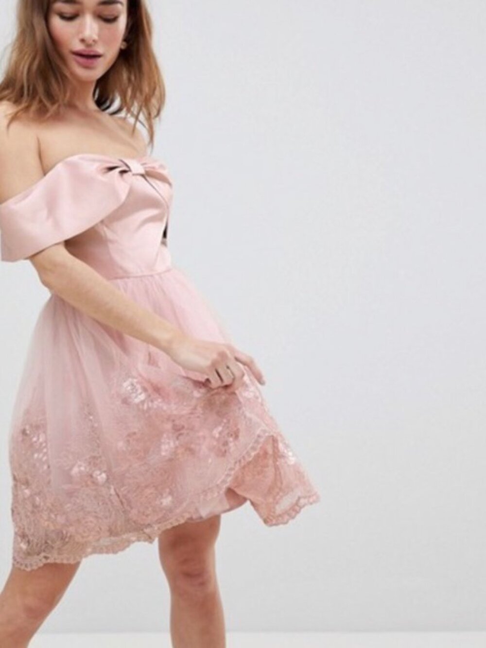 Chi Chi London Petite Pink‎ Magda Off The Shoulder Tulle Princess Dress 4US